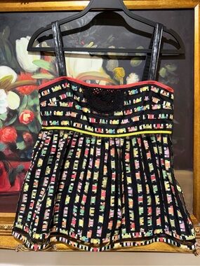 Cynthia Steffe Black Multicolor Patterned Shirt with Faux-Leather Straps